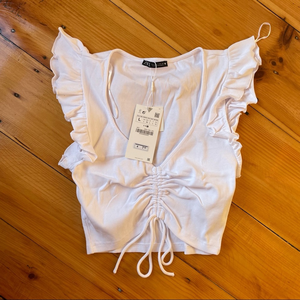 NWT Zara White Crop Top Women’s Large Scrunch Detail - Picture 2 of 6